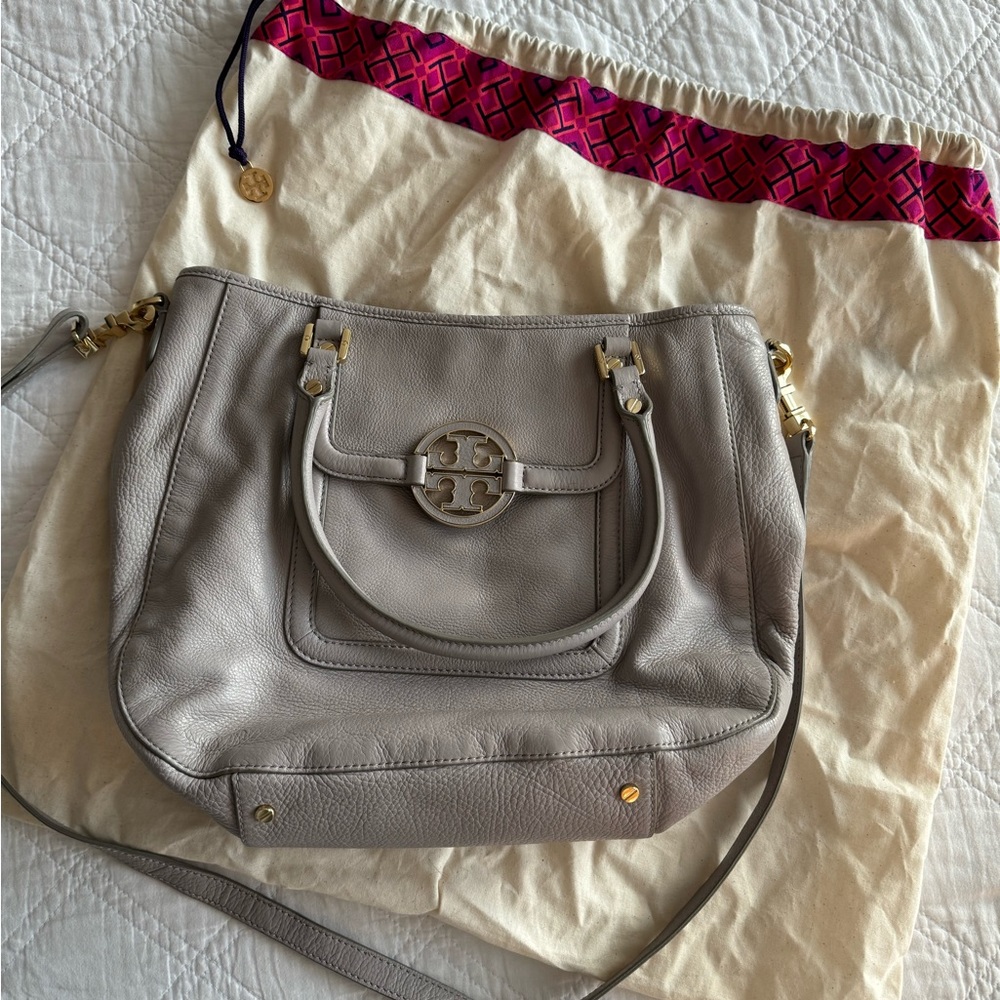 Tory Burch Grey Amanda Leather Hobo Crossbody Bag